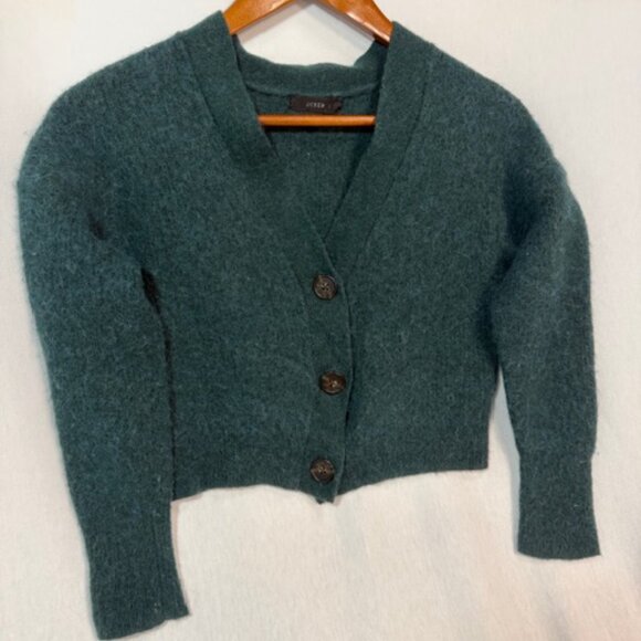 J.Crew Alpaca Wool Cardigan M Green Button Front Cropped Soft Cozy - Picture 3 of 9